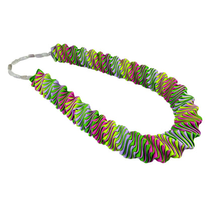 Ellen Sue Gordon Biddeford Sweet Pea green and purple Grosgrain Ribbon Necklace with amethyst, recycled glass, and crystal accents