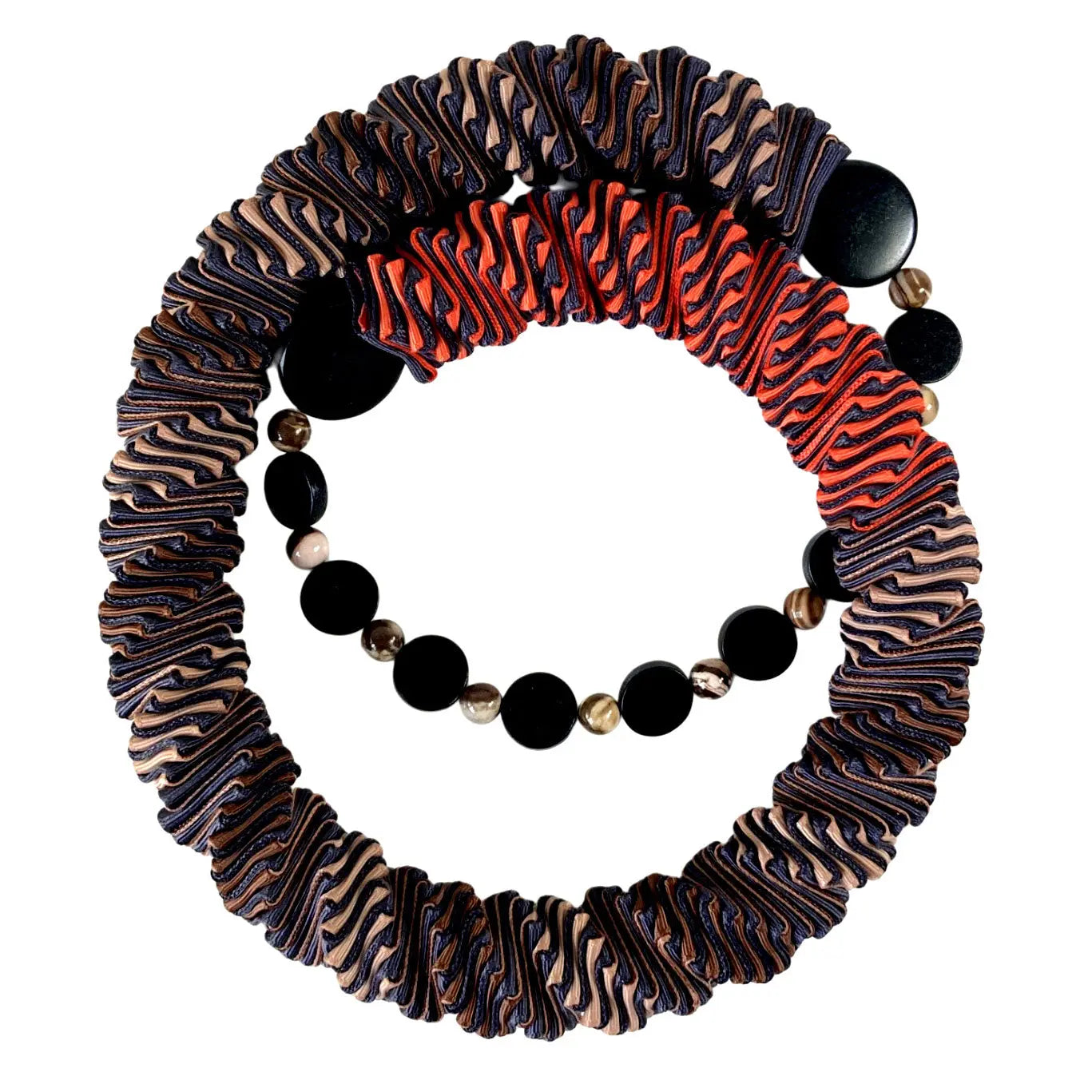 Ellen Sue Gordon Black Coffee and Tangerine Grosgrain Ribbon Necklace with  wood and zebra jasper