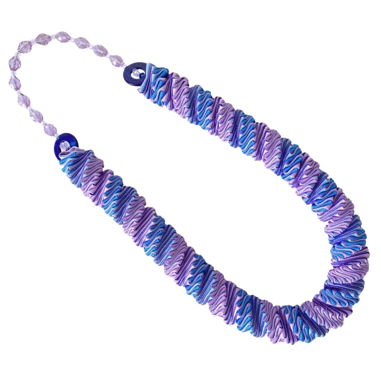 Bluebird Salvia Blues and Purples Grosgrain Necklace with Shell and Recycled Glass Accents
