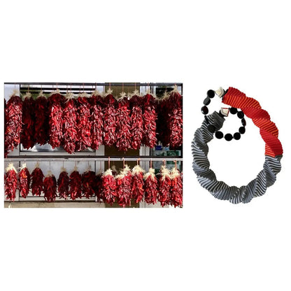 Ellen Sue Gordon Red, Orange and Grey Chile Ristra Shadow Grosgrain Necklace with Wood Agate and Metal Alloy Accents