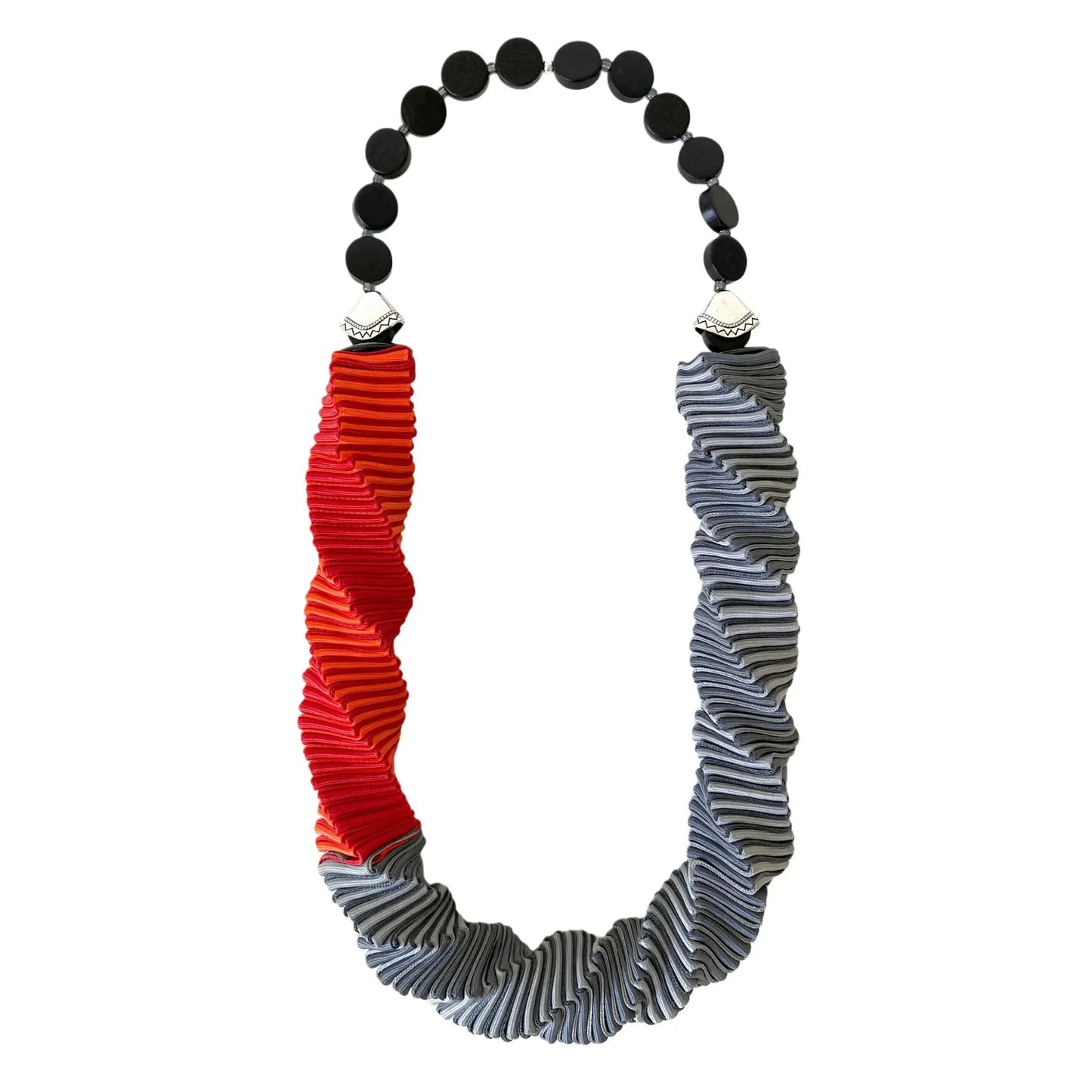 Ellen Sue Gordon Red, Orange and Grey Chile Ristra Shadow Grosgrain Necklace with Wood Agate and Metal Alloy Accents