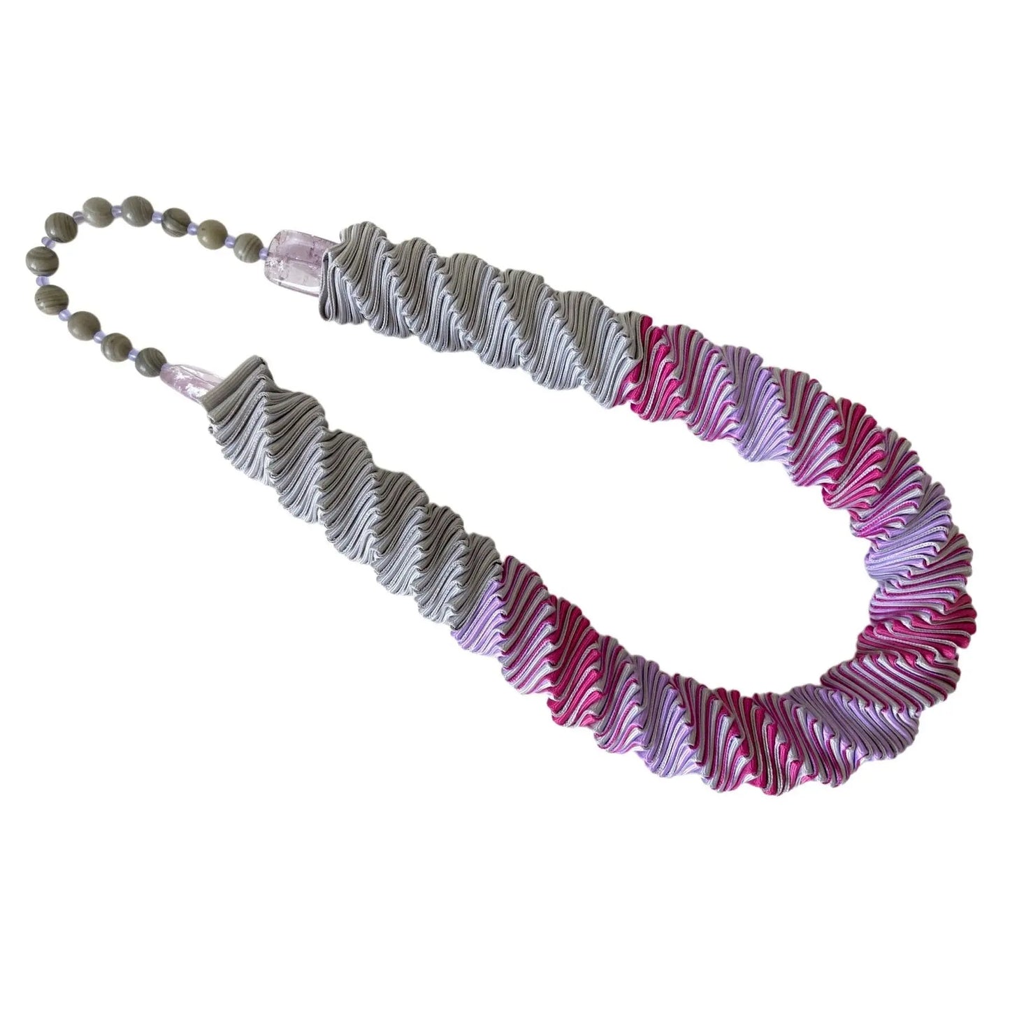 Ellen Sue Gordon Clematis Mist Grosgrain Necklace with Amethyst Silver Line Jasper and Recycled Glass Accents Artistic Artisan Designer Necklaces