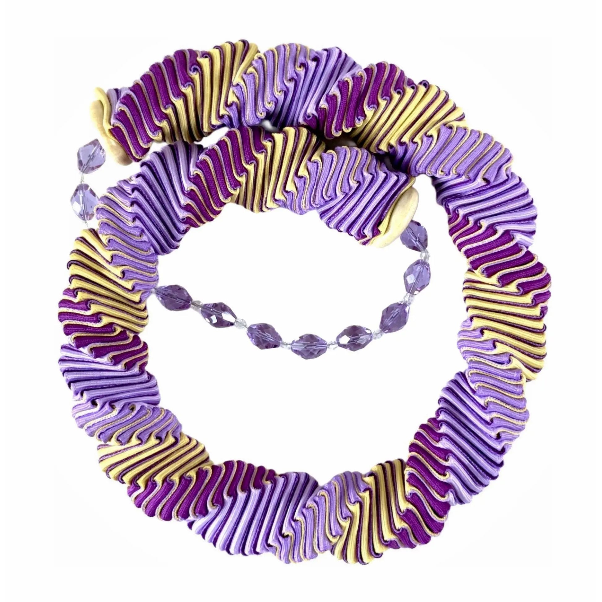 Ellen Sue Gordon purples and yellow Crocus Commotion Grosgrain Ribbon Necklace with crystal accents