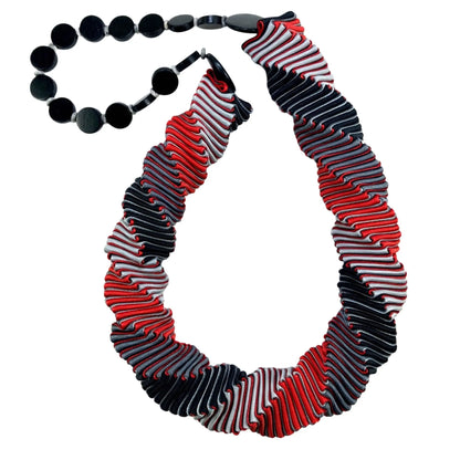 Ellen Sue Gordon red, black, and gray Dine Saddle Blanket Grosgrain Necklace with mp jasper and wood accents