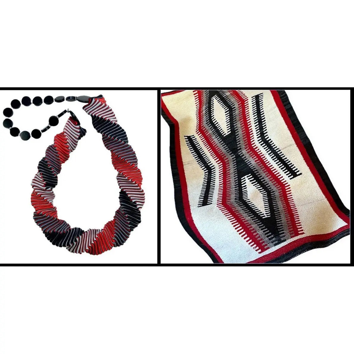 Ellen Sue Gordon red, black, and gray Dine Saddle Blanket Grosgrain Necklace with mp jasper and wood accents color inspiration