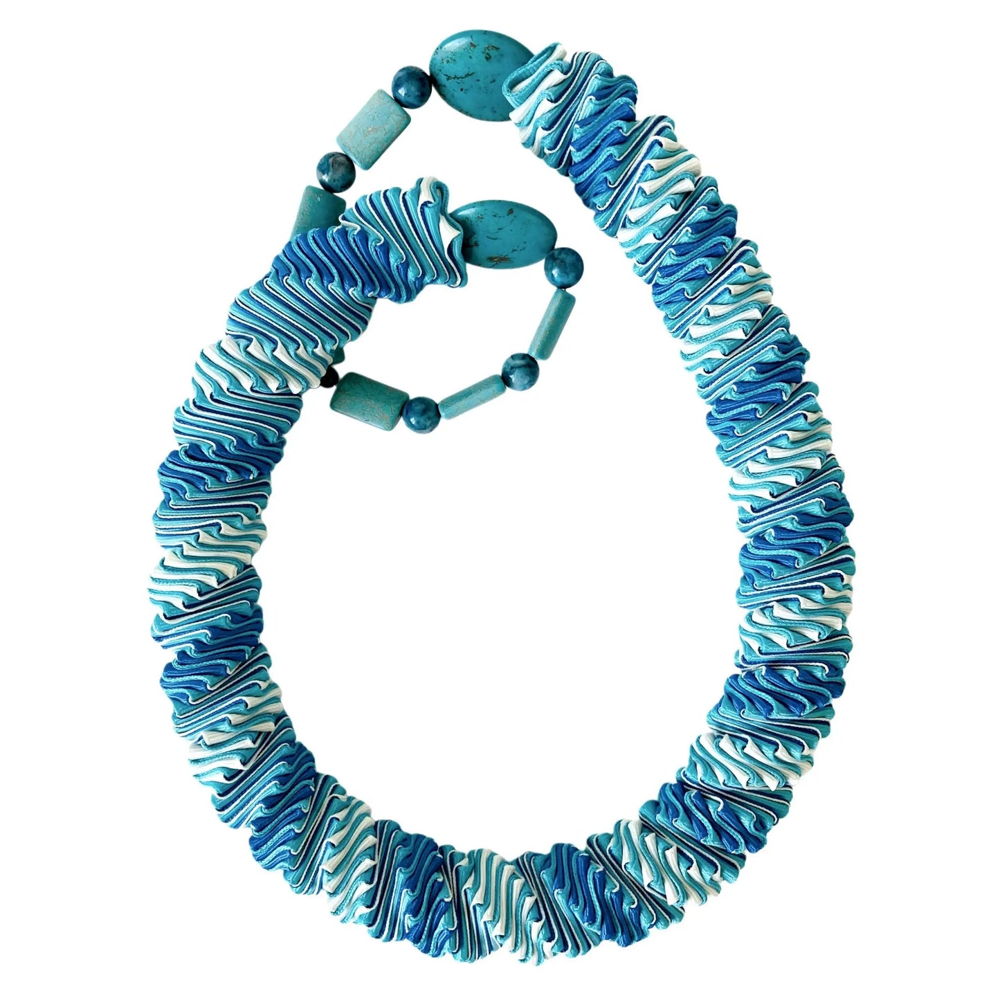 Ellen Sue Gordon Sea & Sails Grosgrain Ribbon Necklace with Magnetite and Blue lace Agate Accents 