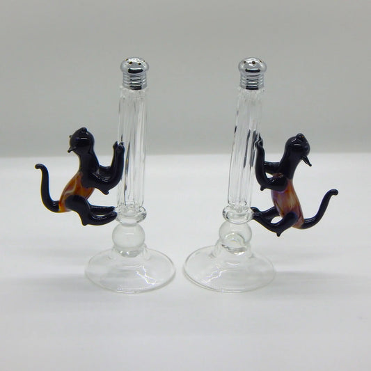 Four Sisters Art Glass Black and Cream Cat Pepper and Salt Shakers 119  Artistic Haadblown Art Glass Shakers