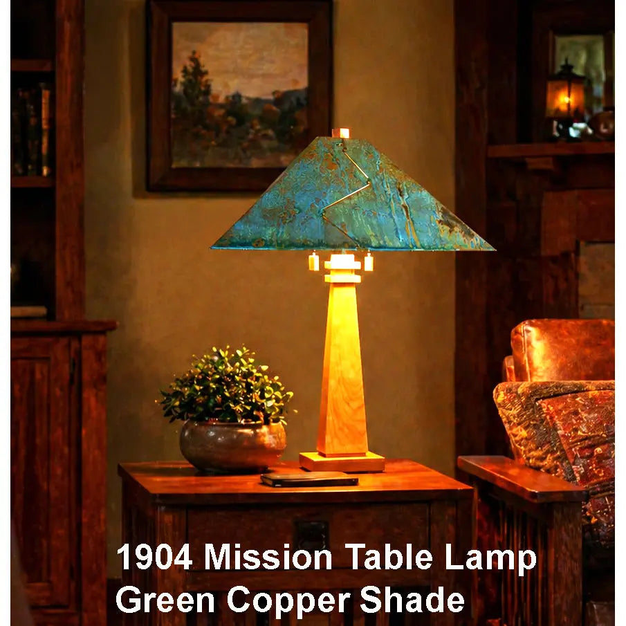 Franz GT Kessler 1904 Mission Table Lamp in Cherry with Green Copper Shade