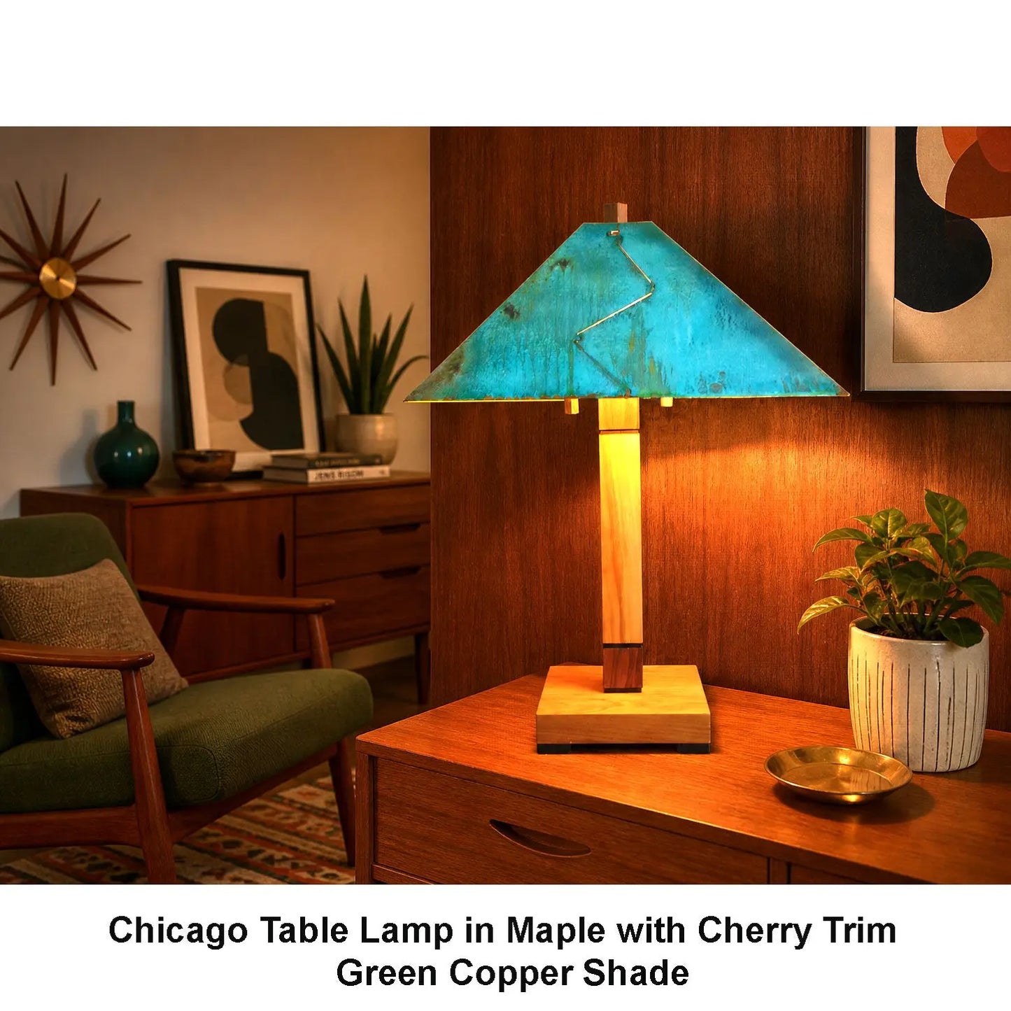 Franz GT Kessler Chicago Table Lamp in Maple with Cherry Trim and Green Copper Shade
