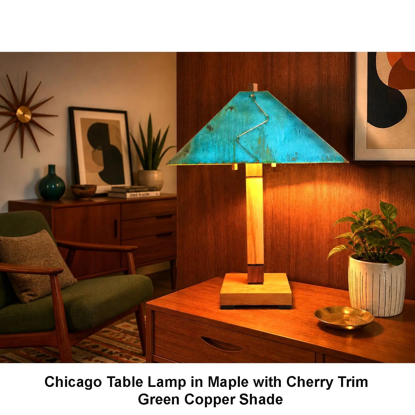 Franz GT Kessler Chicago Table Lamp in Maple with Cherry Trim and Green Copper Shade