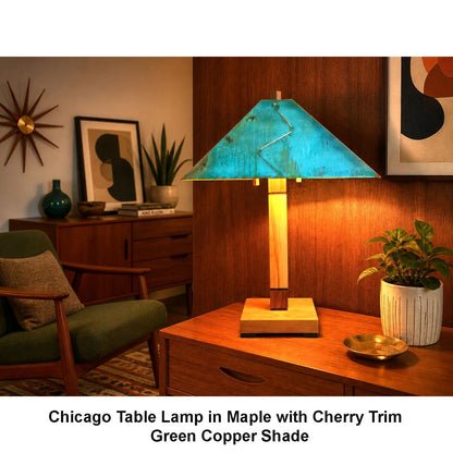 Franz GT Kessler Chicago Table Lamp in Maple with Cherry Trim and Green Copper Shade