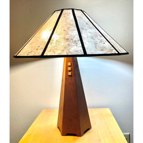 Franz GT Kessler Designs Peace Table Lamp Shown in Cherry with Walnut Trim Silver Amber Shade Mission Arts and Crafts Artisan Table Lamps