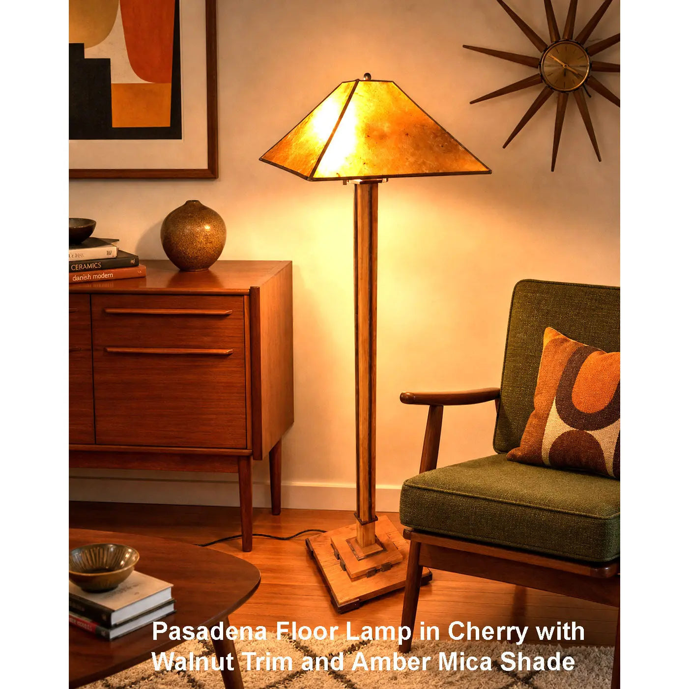 Franz GT Kessler Pasadena Floor Lamp  in Cherry with Walnut Trim and Amber Mica Shade copy