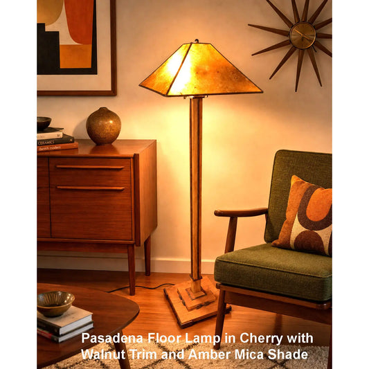 Franz GT Kessler Pasadena Floor Lamp  in Cherry with Walnut Trim and Amber Mica Shade copy