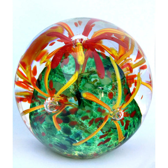 Glass Flower Paperweight Shown In Yellow Green by Glass Rocks Dottie Boscamp