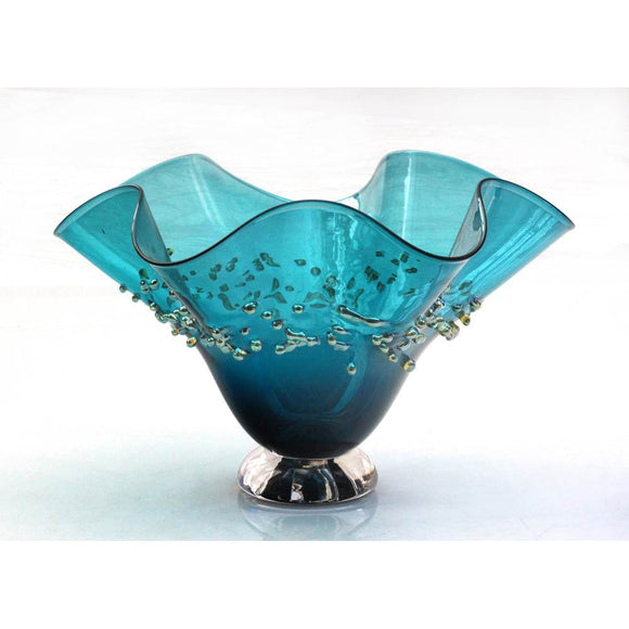 Glass Rocks Dottie Boscamp Dew Drops Fluted Glass Bowl in Teal Artisan Handblown Art Glass Bowls