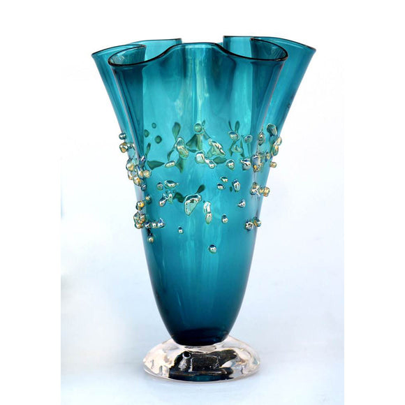 Glass Rocks Dottie Boscamp Dew Drops Fluted Glass Vase in Teal Artisan Handblown Art Glass Vases