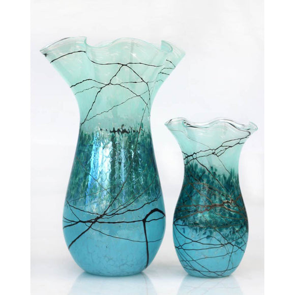 Glass Rocks Dottie Boscamp Lightning Fluted Glass Vases in Silver Green Artisan Handblown Art Glass Vases