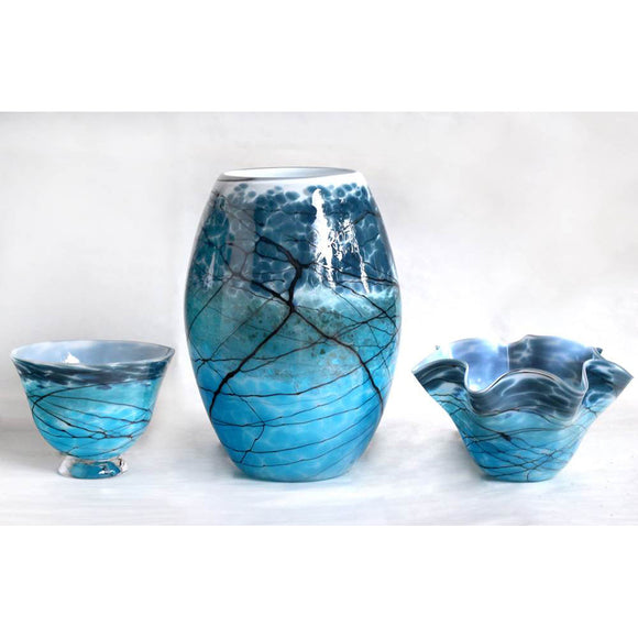 Glass Rocks Dottie Boscamp Lightning Straight Glass Bowl Barrel Glass Vase and Fluted Glass Bowl in Steel Blue Artisan Handblown Art Glass Vases