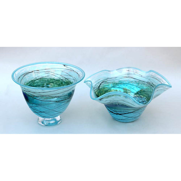 Glass Rocks Dottie Boscamp Lightning Straight and Fluted Glass Bowls in Silver Green Artisan Handblown Art Glass Bowls