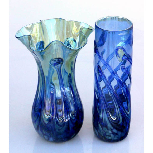 Glass Rocks Dottie Boscamp Lily Pad Series Fluted and Straight Glass Vases in Light Blue Artisan Handblown Art Glass Vases