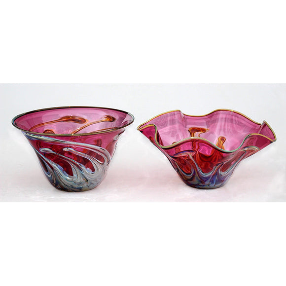 Glass Rocks Dottie Boscamp Lily Pad Series Straight and Fluted Cranberry Glass Bowls Artisan Handblown Art Glass Bowls