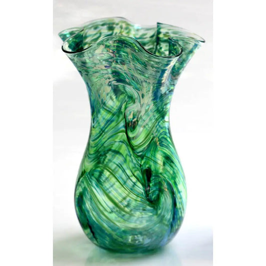 Glass Rocks Dottie Boscamp Multiwave Glass Fluted Vase in Green Artisan Handblown Art Glass Vases
