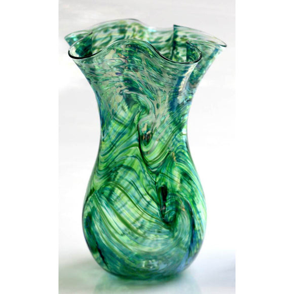 Glass Rocks Dottie Boscamp Multiwave Glass Fluted Vase in Green Artisan Handblown Art Glass Vases