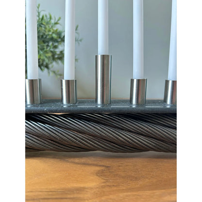 Menorah made with recycled ski lift cable, steel, and cherry wood.