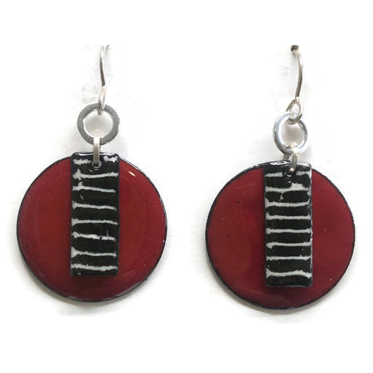 Sterling silver and enamel earrings with circular discs , available in a variety of colors, and black and white stripes