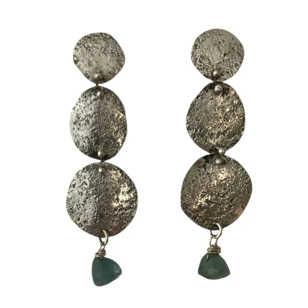 Hammered oxidized sterling silver and dangling earrings with a fluorite chip