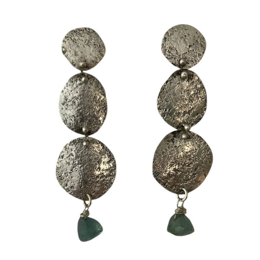 Hammered oxidized sterling silver and dangling earrings with a fluorite chip