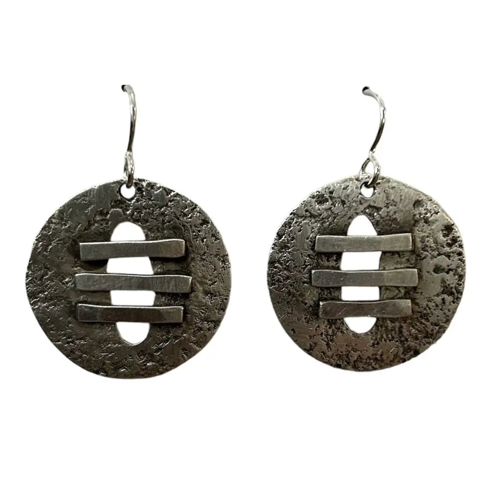 Oxidized sterling silver round earrings with a textured surface.