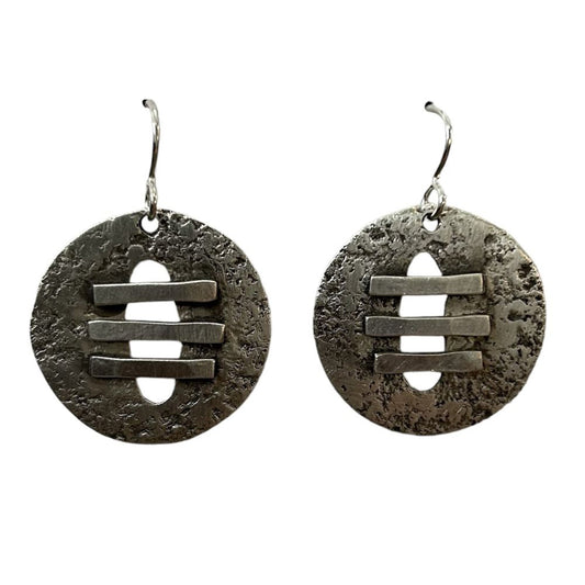 Oxidized sterling silver round earrings with a textured surface.