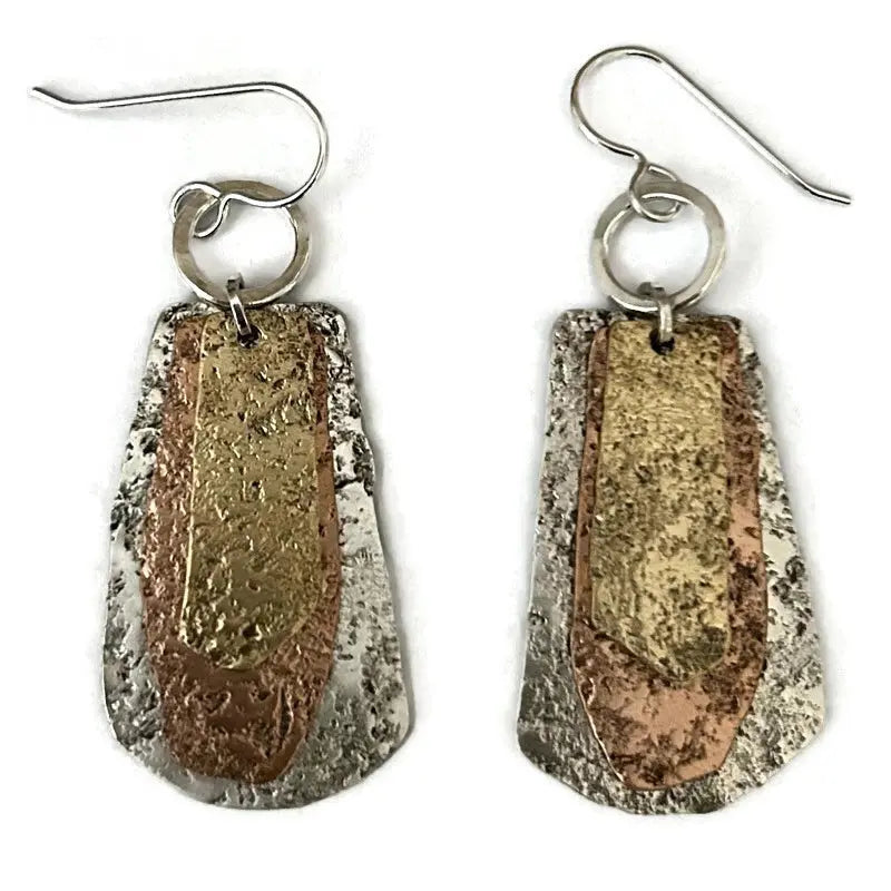 Sterling silver, copper, and 14K gold fill earrings with textured metallic design
