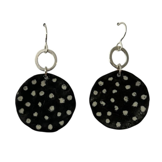 Sterling silver and enamel black and white polka dot earrings