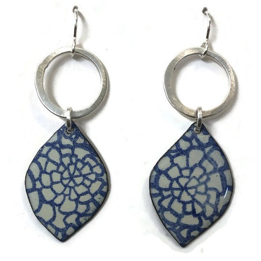 Sterling silver and enamel earrings available  in white with red, blue,  black or green. A number of patterns are available