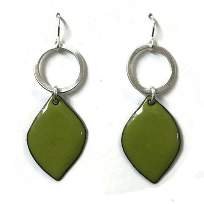 Pair of earrings with green teardrop-shaped enamel and sterling silver hoops