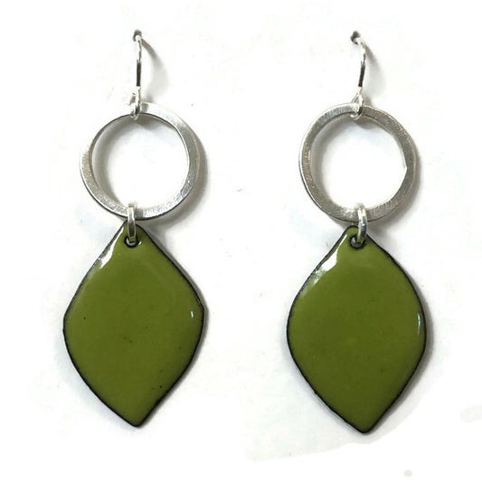 Pair of earrings with green teardrop-shaped enamel and sterling silver hoops