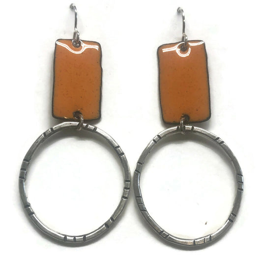 Earrings with brown rectangular enamel and sterling silver circles, other colors available