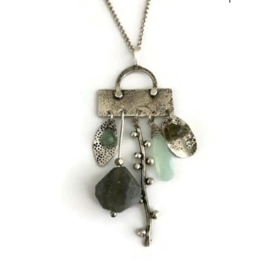 Sterling silver charm necklace with chalcedony and labradorite, or ruby and moonstone