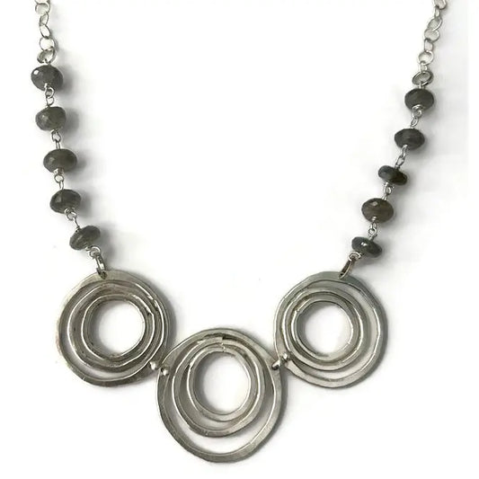 Sterling silver necklace with circular metal pendants and a choice of Labradorite, Moonstone, or Chalcedony gemstones on the chain
