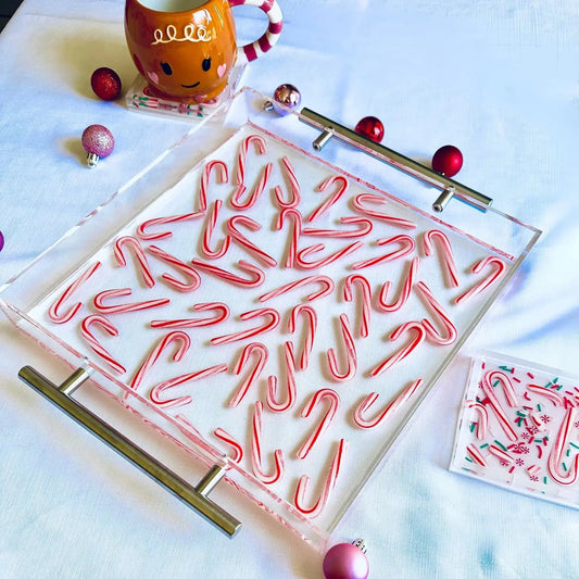 Kate Kline Candy Cane Acrylic Serving Tray and coasters