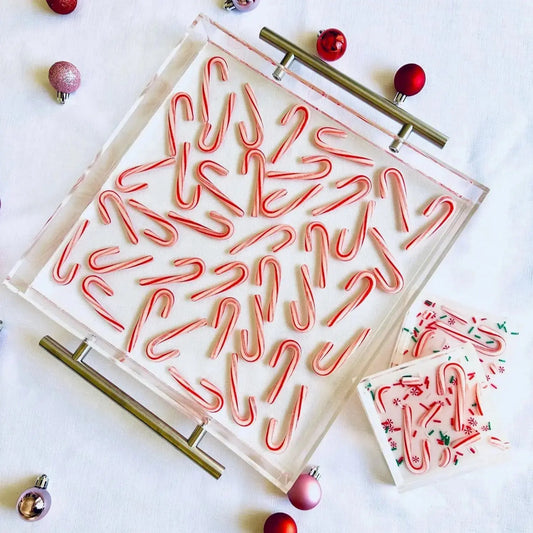 Kate Kline Candy Cane Acrylic Serving Tray and coasters