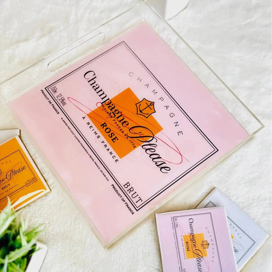 Champagne Please Serving Tray  and Coasters Shown in  Pink Rose   