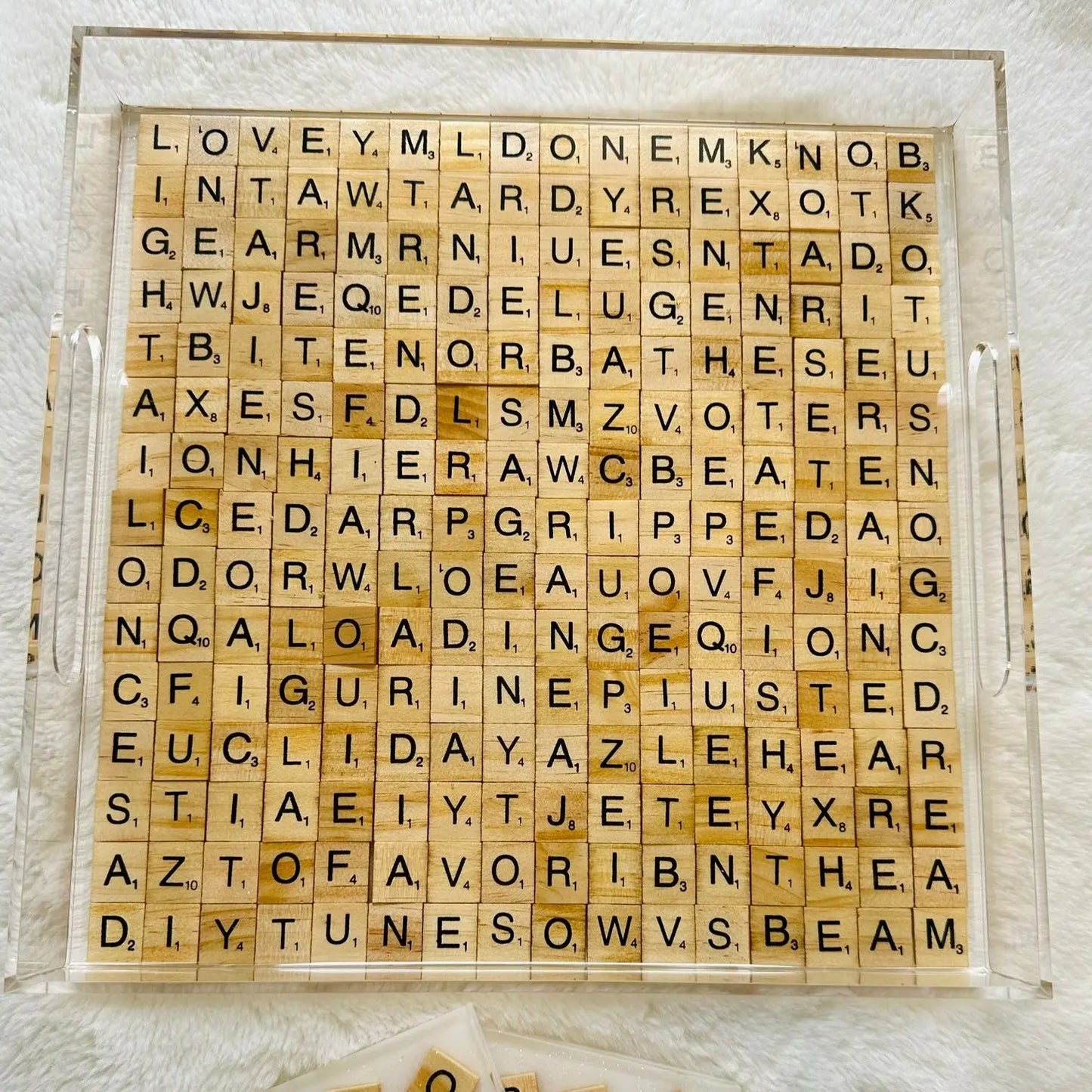 Hand Made Acrylic Resin Scrabble Serving Tray with Two Coasters