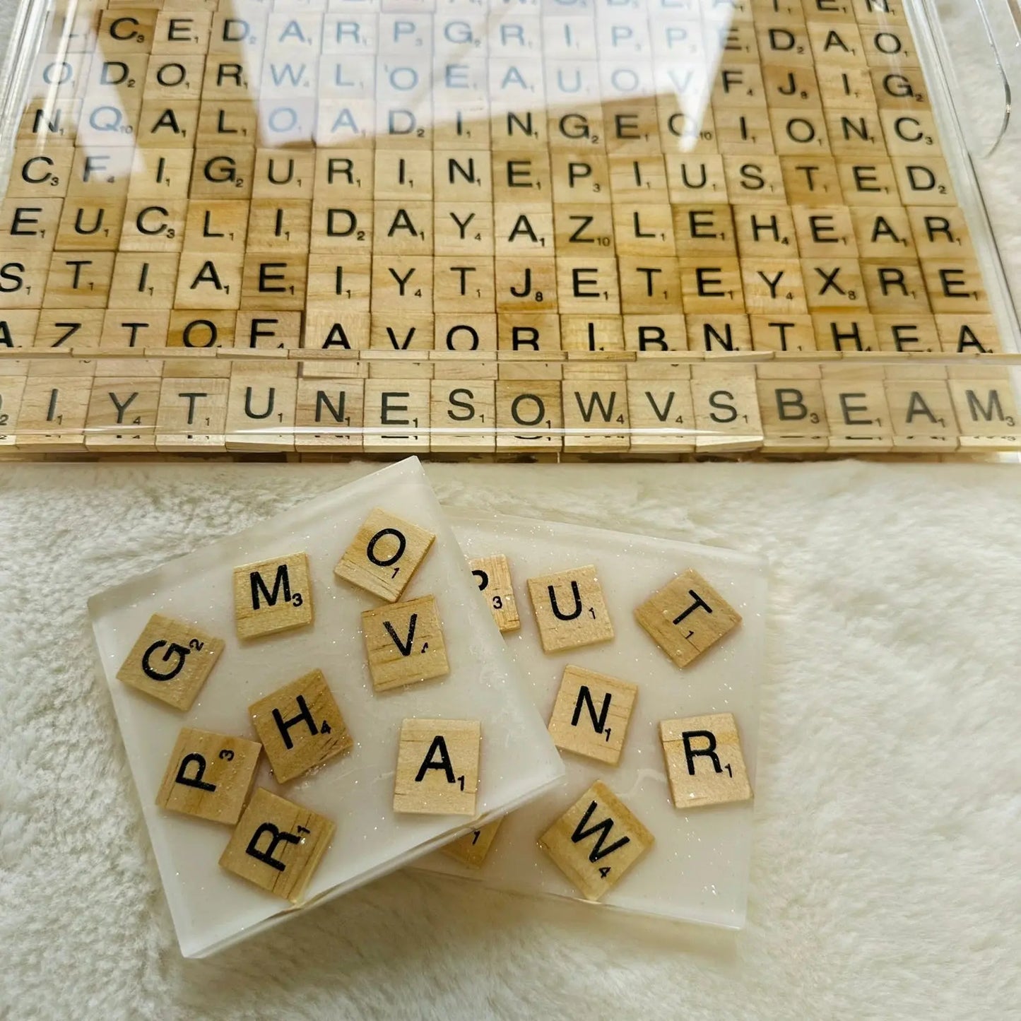 Hand Made Acrylic Resin Scrabble Serving Tray with Two Coasters