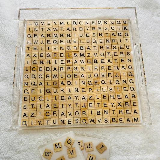 Hand Made Acrylic Resin Scrabble Serving Tray with Two Coasters