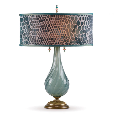 Kinzig Design Angela Table Lamp 168Aj144 with Gray Green Colored Blown Glass and Kevin O'Brien Snake Skin Silk Oval Shade Artisan Designer Table Lamps