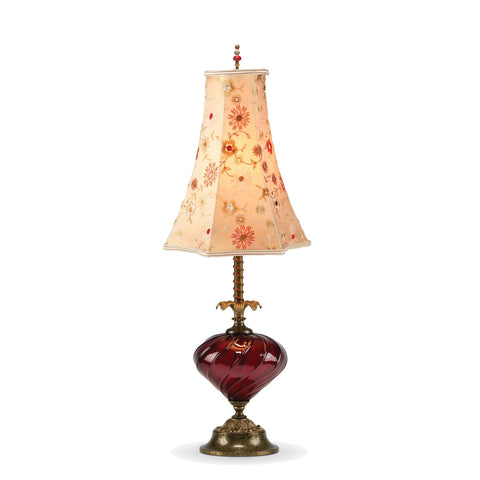 Kinzig Design Elizabeth Jane Table Lamp 17RA8 with Deep Red Blown Glass and Floral Bell Shaped Shade Artisan Designer Table Lamps